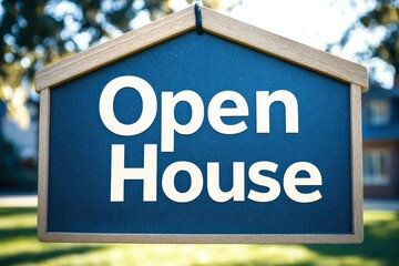 Fototapeta premium Open house sign displayed in residential area promoting home sales and community engagement