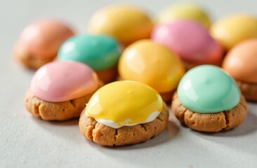 Fototapeta premium Decorated cookies for Easter celebration, pastel colors and small accents