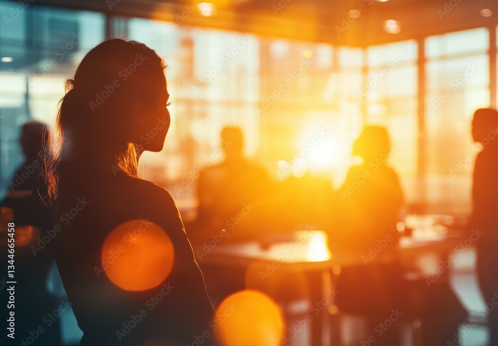 Poster blurred background of business people having a meeting in a conference room with sunlight streaming 