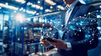 Businessman hold global supply chain management responsibilities with network connected to manufacturers and distributors. Technology enhances efficiency and resilience across the supply chain