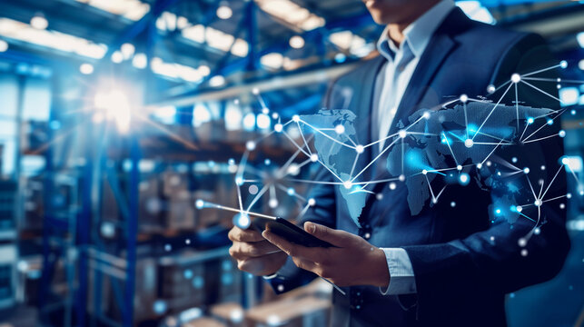 Businessman hold global supply chain management responsibilities with network connected to manufacturers and distributors. Technology enhances efficiency and resilience across the supply chain