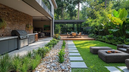 Obraz premium Modern outdoor kitchen, patio, and lawn with fire pit.