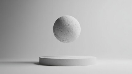 A textured sphere is suspended above a circular platform