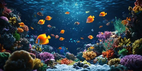 Naklejka premium A vibrant underwater scene with numerous colorful coral formations and fish