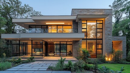 Modern stone house with large windows, illuminated at dusk.