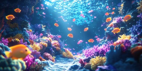 Fototapeta premium Underwater world featuring coral reefs and swimming schools of fishes