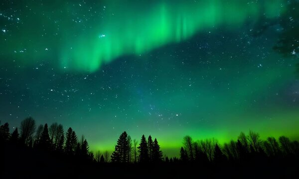 Northern Lights or Aurora borealis in the sky. A bright cosmic flash passing through the starry sky. In the background are dark silhouettes of trees and grass illuminated by starlight.