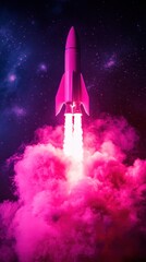 A Pink Rocket Ship Launches Into Space Leaving Smoke Below