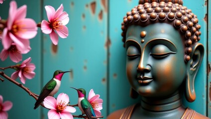 Serene buddha with blossoms and hummingbirds
