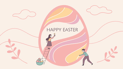 Pastel easter egg with people on ladder and ground in a whimsical illustration. Perfect for Spring Invitations, Holiday Branding, and Creative Event Projects