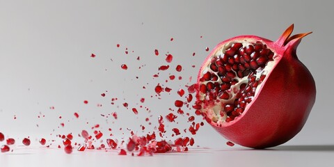A halved red fruit with its seeds exploding outwards from it