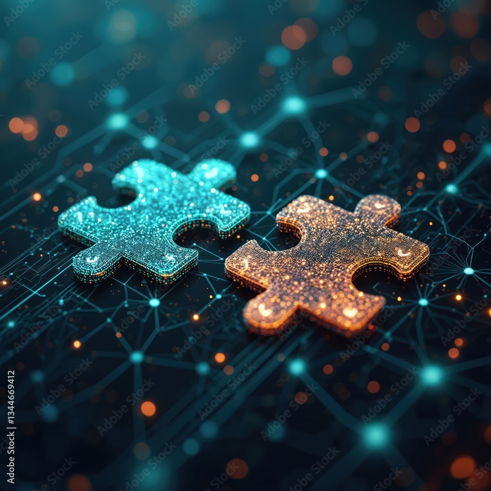 Poster two puzzle pieces connected symbolize unity ai, business in data center management. circuit board te
