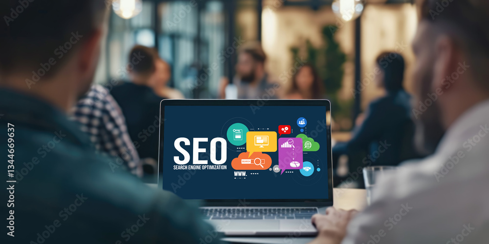 Poster seo search engine optimization for brisk e-commerce and online retail business showing on computer s