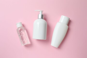 Natural cosmetic products a pink background, top view
