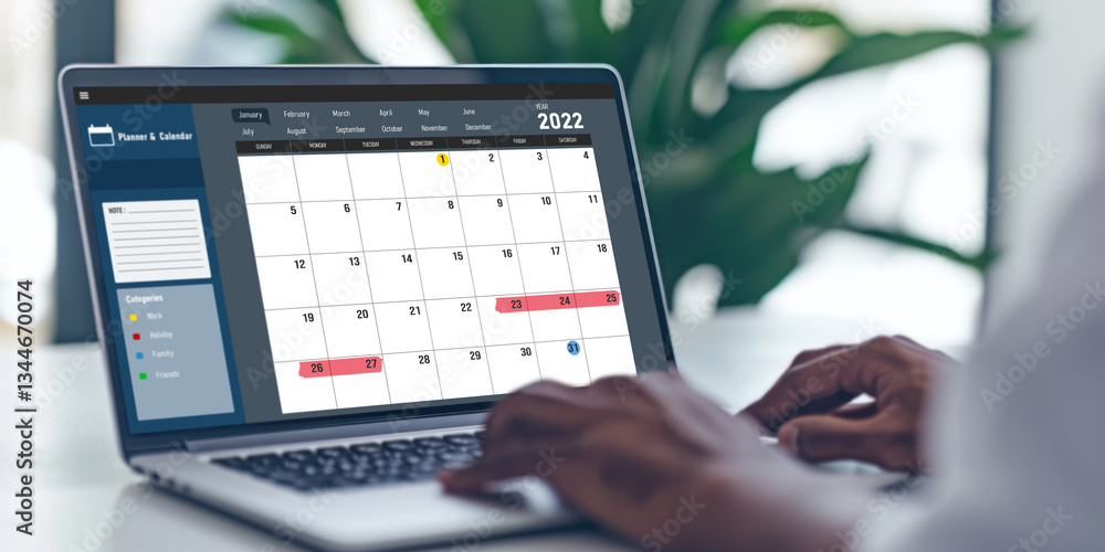 Poster calendar on computer software application for brisk schedule planning for personal organizer and onl