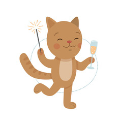 Cheerful ginger cat with a glass of champagne. Animals celebrate Christmas or birthday.