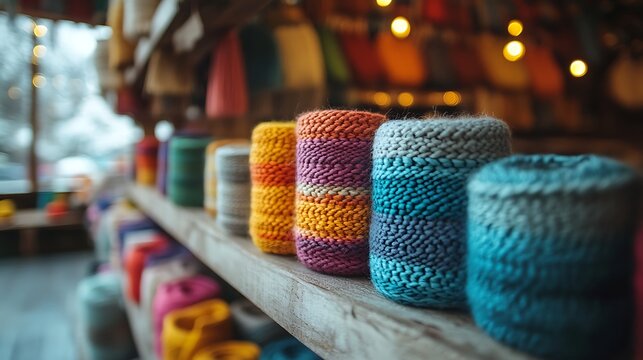 Handwoven wool displayed on wooden shelves in cozy workshop. Artisan-crafted yarn in various colors. Traditional fiber arts and handmade crafts. National Craft Month