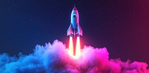 A colorful rocket launches from vibrant vapor into the starry night sky