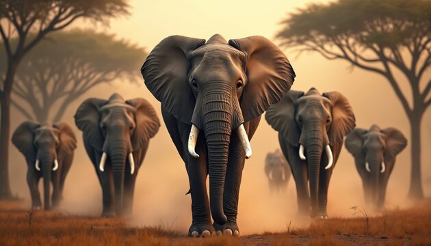 Majestic portrait shows group of adult african elephants walking towards camera. Wild animals in wilderness. Front view of elephant herd in dusty savanna landscape. African safari travel.