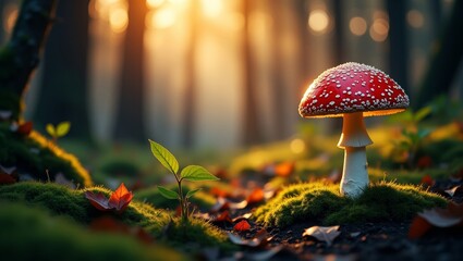 Enchanted red mushroom in mystical forest
