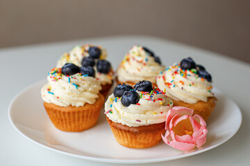 Cupcakes and a tulip on a white plate. Confectionary products. Food and drinks. Sweet pastries.