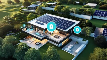 Modern Smart Home with Solar Panels and Security System Icons in a Green Landscape Featuring Sustainable Technology

 - Powered by Adobe