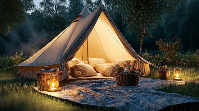 A glowing outdoor tent styled with cushions and a nic basket for glamping services. background vibe