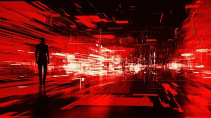 Moody Red Aesthetic with Fragmented Pixels and Glitch Effects in a Dark Environment