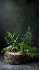 Obraz premium Vibrant tropical leaves and ferns surround a delicate floral arrangement on a natural tree stump against a rich green backdrop
