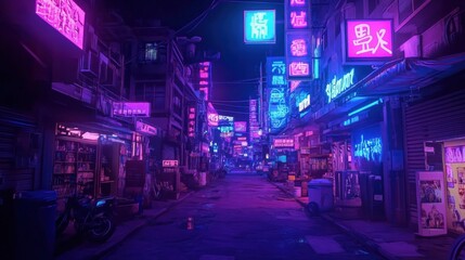 Futuristic Urban Scene with Glowing Neon Signs in Cyberpunk City at Night