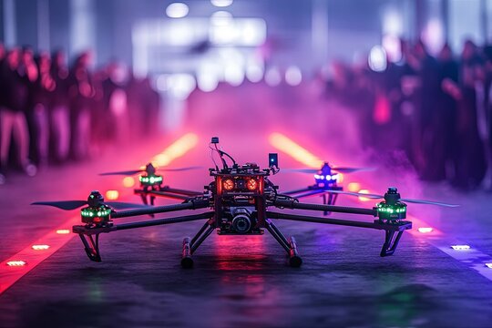 A high tech drone is staged indoors for a demonstration event