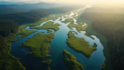 Fototapeta premium Aerial view of river delta with green islands in United States Pacific Northwest. Calm turquoise water meanders through forest landscape at sunny morning. Untouched nature for travel, vacation.
