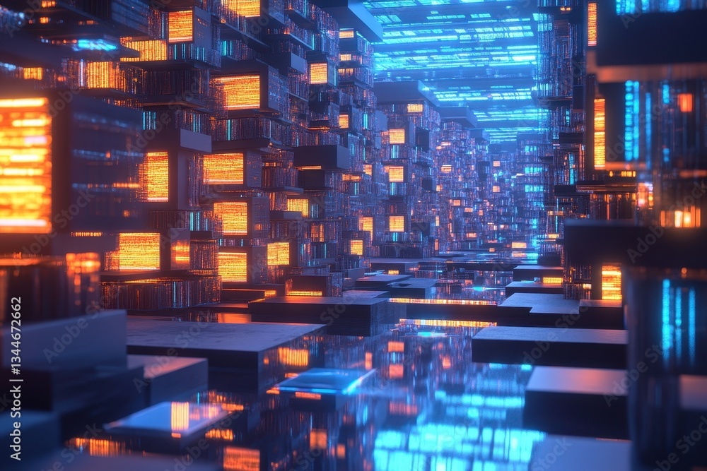Poster futuristic digital cityscape illuminated with data and intricate structures