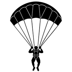 skydiver with an open parachute black silhouette vector, Simple silhouette Design vector icon with white background.