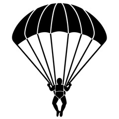 skydiver with an open parachute black silhouette vector, Simple silhouette Design vector icon with white background.