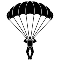 skydiver with an open parachute black silhouette vector, Simple silhouette Design vector icon with white background.