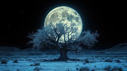 Naklejka premium Large full moon behind a barren tree in a desolate landscape at night.