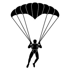 skydiver with an open parachute black silhouette vector, Simple silhouette Design vector icon with white background.
