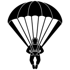 skydiver with an open parachute black silhouette vector, Simple silhouette Design vector icon with white background.