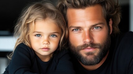   A young girl with light hair and captivating blue eyes is nestled close to a man with a distinguished look, also possessing vibrant blue eyes and a well-groomed beard.  