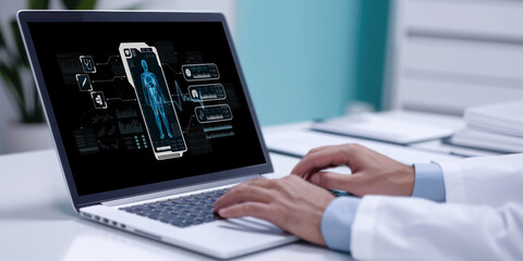 Medical science technology and futuristic healthcare virtual computer software analyze human health and diagnose disease for doctor data and medical research. brisk