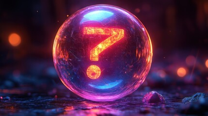 Glowing question mark inside a crystal ball on dark background.