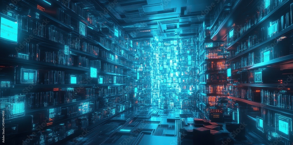 Poster futuristic library filled with data in a digital environment