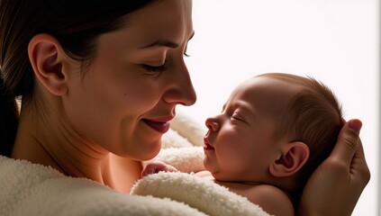 A serene image showcases a mother lovingly holding her baby exuding warmth and tranquil affections