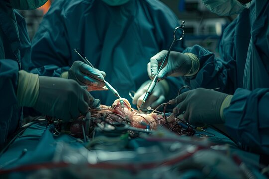Surgeons perform intricate heart surgery with precision and teamwork in a clinical operating room setting Generative AI