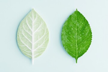 Two leaves, one pale green, one vibrant green, on a light blue background