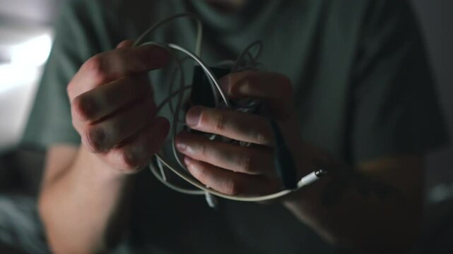 A man untangles long wires and chargers.
Cord for charging phones and gadgets.