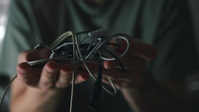 A man untangles long wires and chargers.
Cord for charging phones and gadgets.