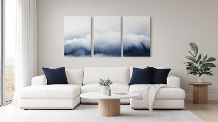Navy blue clouds on white create a calming vibe in this three-piece abstract watercolor design for interiors