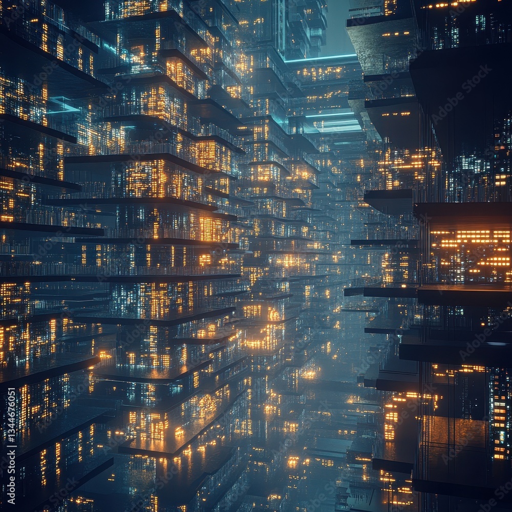 Poster an illuminated abstract futuristic city with reflections and layered structures